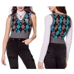 Goth Schoolgirl Alumni Sweater Argyle Vest Embroidered Skull Size M NWOT Punk